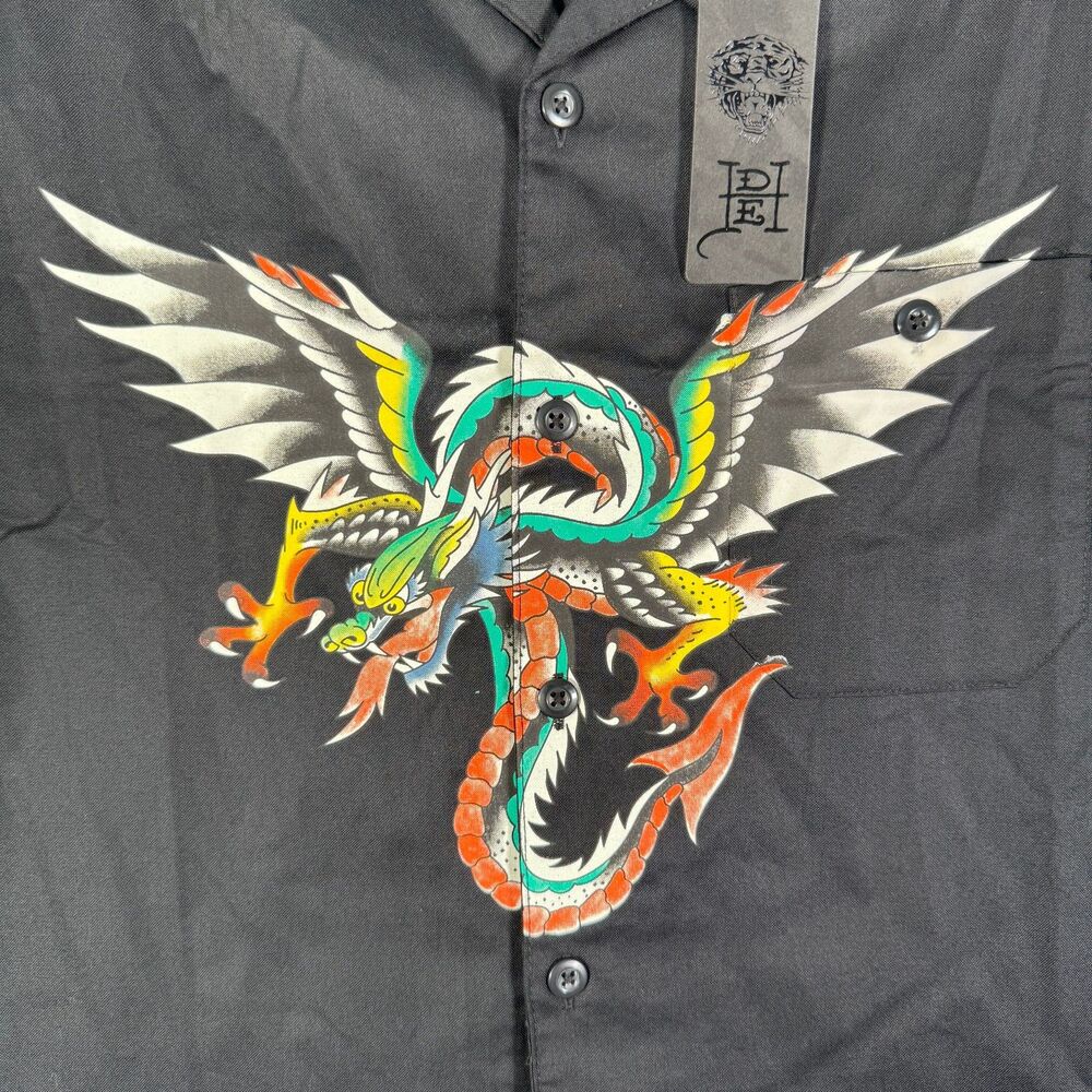 Ed Hardy Tattoo Shirt Mens XL Black Short Sleeve Camp Dragon NWT - Picture 3 of 11